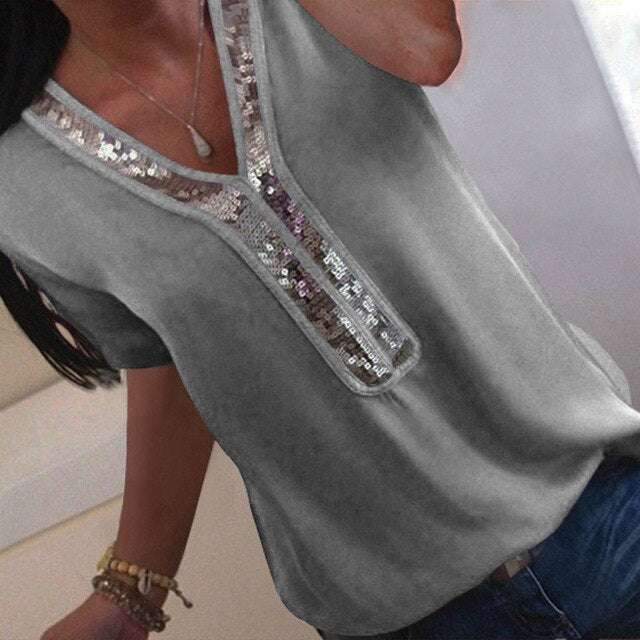 Sexy V-neck Sequins Chiffon Blouse